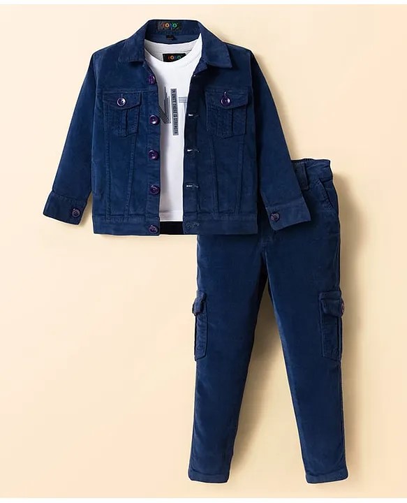 ROBO FRY Robo Fry Cotton Woven Full Sleeves Jacket with Inner Tee & Trouser - Navy Blue & White